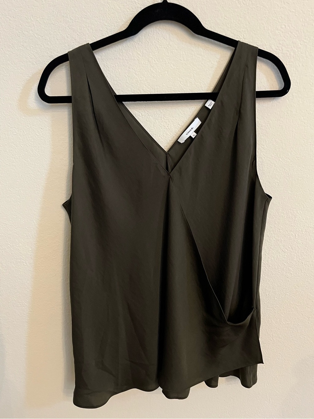 Vince. Layered Surplice V-Neck Sleeveless Top Olive Green Khaki Military Size XL